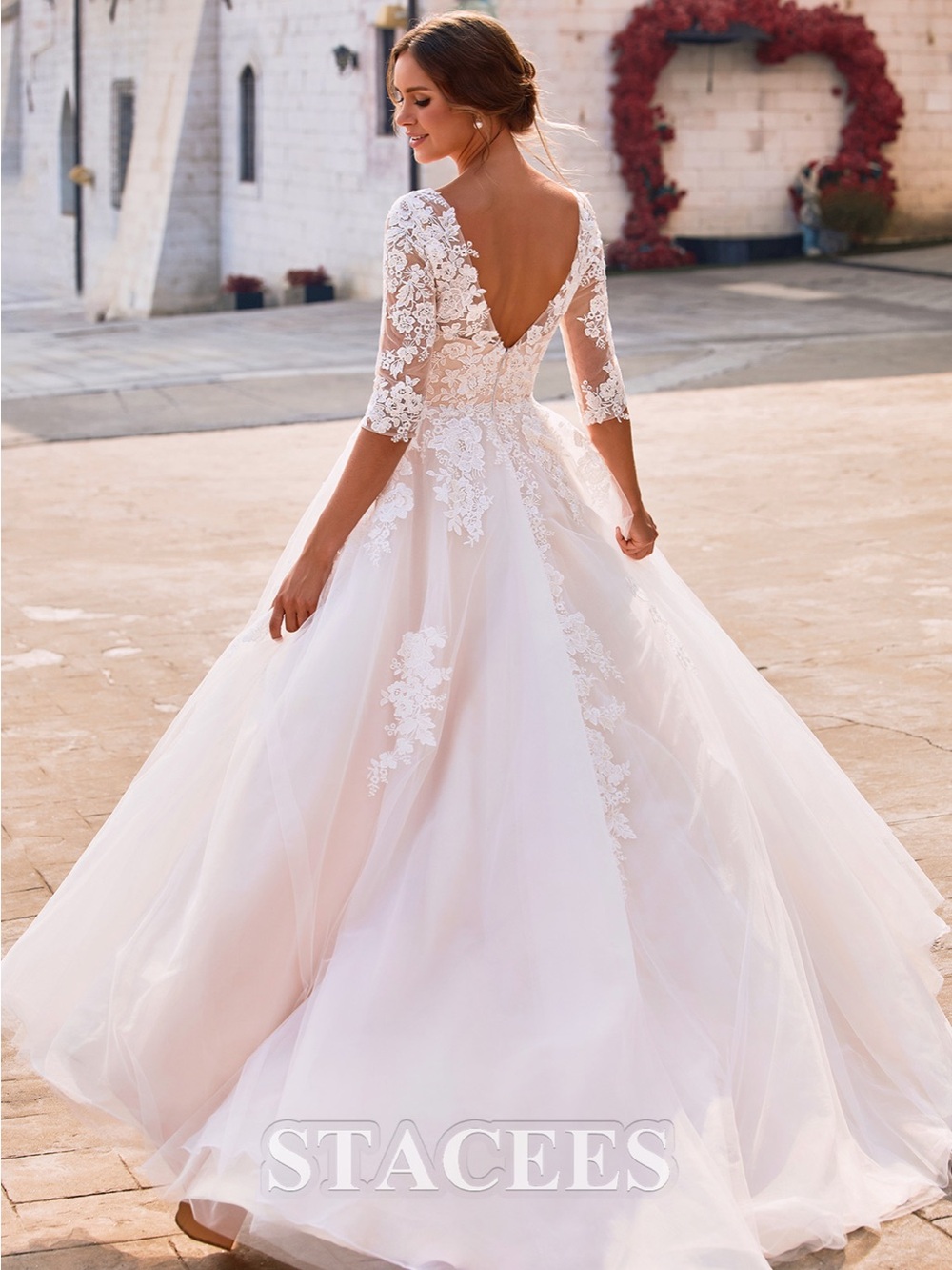 White Lace A-Line Bridal Dress with V-Back
